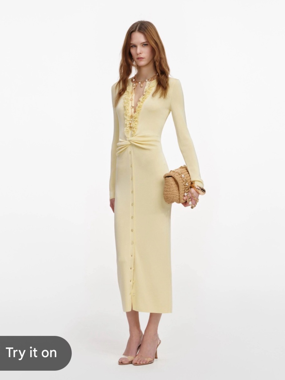 Self Portrait Yellow Viscose Knit Ruffle Midi Dress long sleeve M NWT